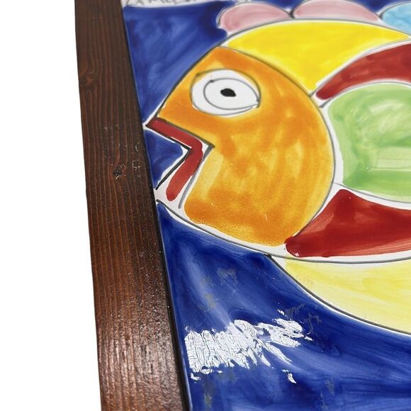 Italian Pottery Framed Fish Tile La Musa Hand-Painted Wooden Frame Italy - Picture 3 of 8